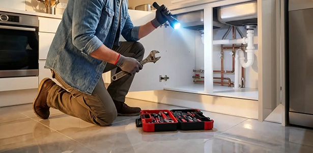 Person inspecting under-sink plumbing with flashlight and toolbox nearby.