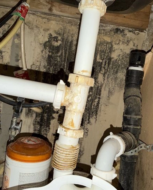 White pipes with rust stains, moldy wall background, complex plumbing setup.