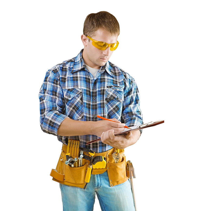 Man in plaid shirt wearing tool belt, writing on clipboard.