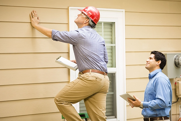 Two men inspecting a beige house exterior, one with a red hard hat.
