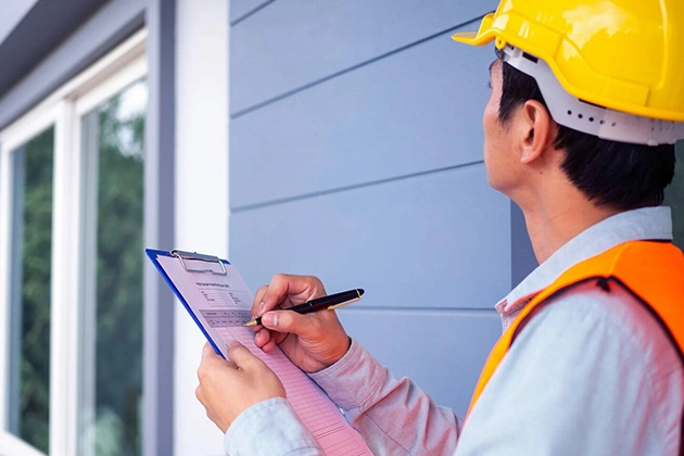 Person with hard hat and clipboard inspecting siding of a house.