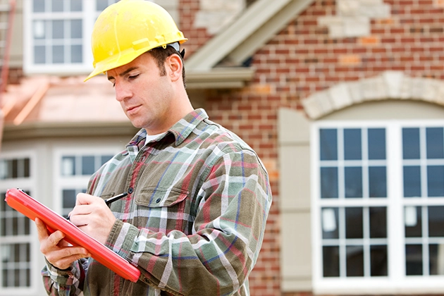 Construction worker wearing a yellow hard hat writing on a clipboard.