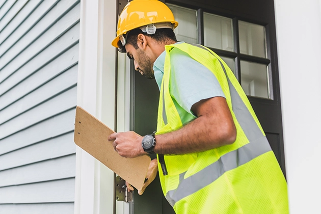 Home Inspector Examining Doorway with Clipboard and Safety Gear