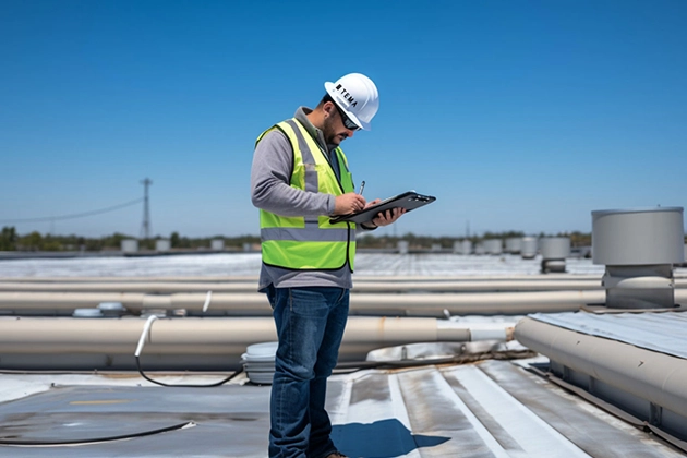 Inspector Checking Rooftop Pipes During Commercial Property Inspection Palm Springs