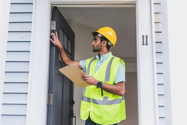 Inspector holding clipboard examining doorway of a modern home.