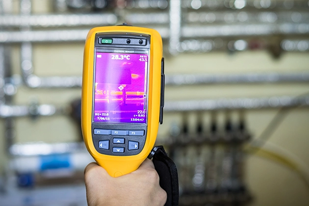 Hand Holding Infrared Thermometer in Industrial Setting for Property Inspection
